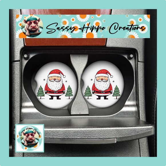 Car Coasters Adorable Santa Claus Christmas Tree Holiday Set of 2 Neoprene - Picture 1 of 5